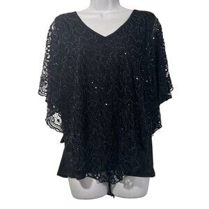 Brittany Black Womens Poncho Style Blouse V Neck Lace Overlay Sparkly Sz L